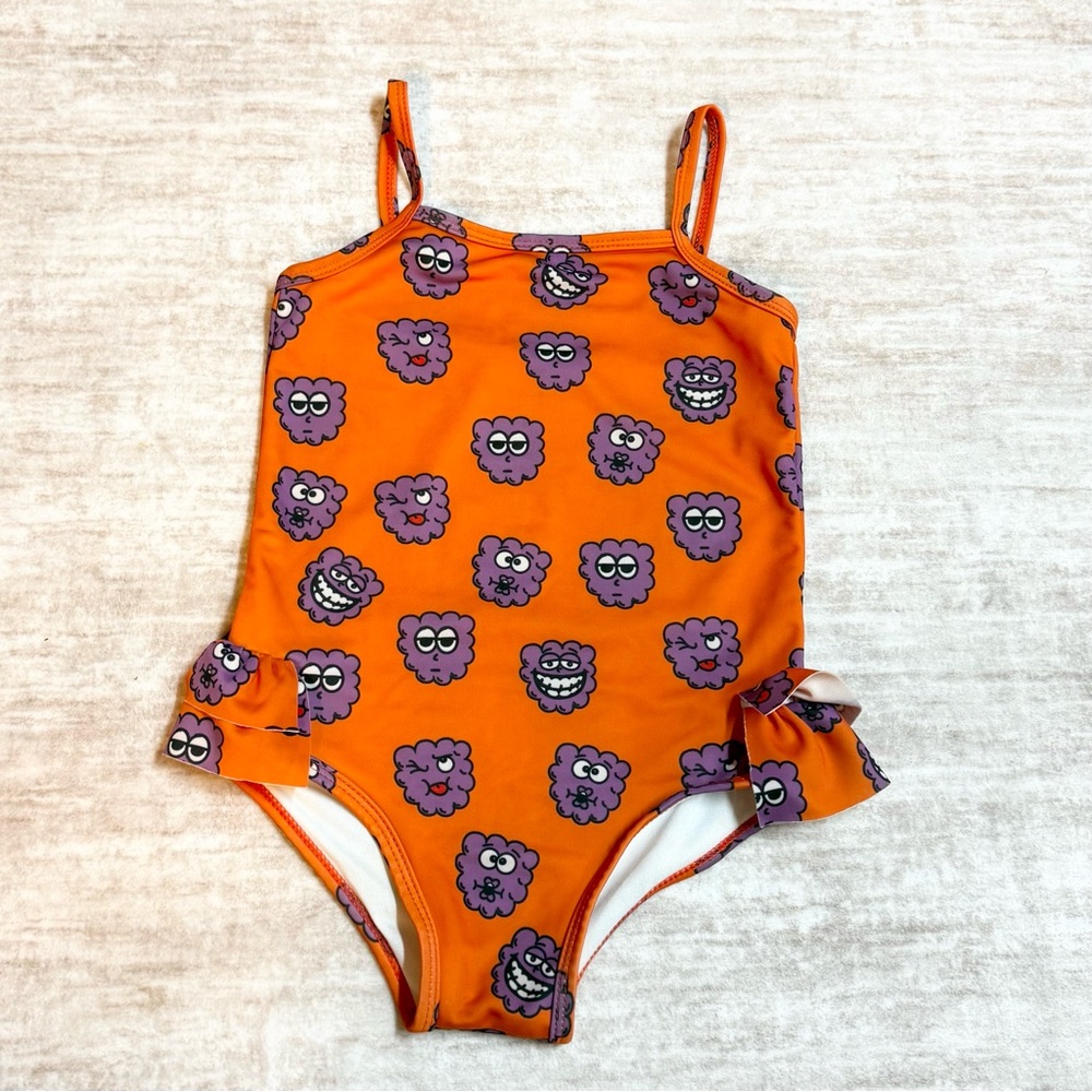 Hugo Loves Tiki Girls 6T Orange Purple Grape Print Ruffle One Piece Swimsuit